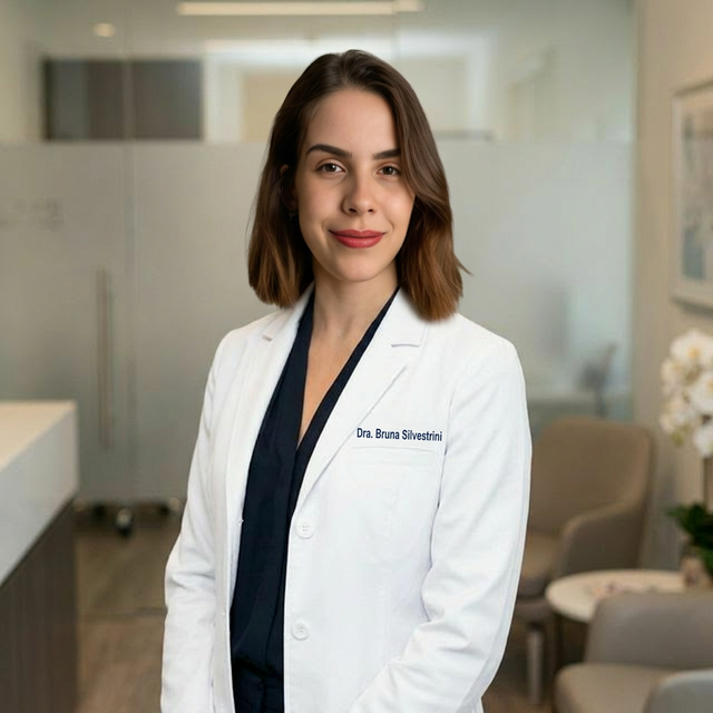 Retrato profissional da Dra. Bruna Silvestrini mostrando elegância e sofisticação